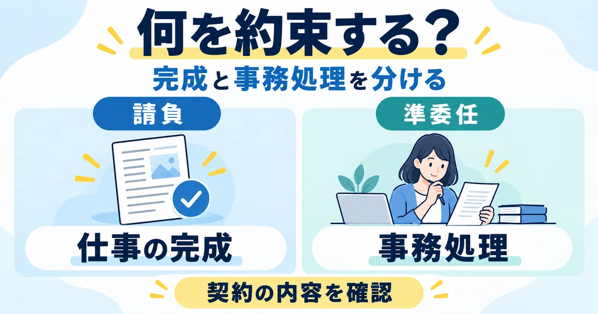 請負は仕事の完成、準委任は事務処理を中心に契約内容を確認する図