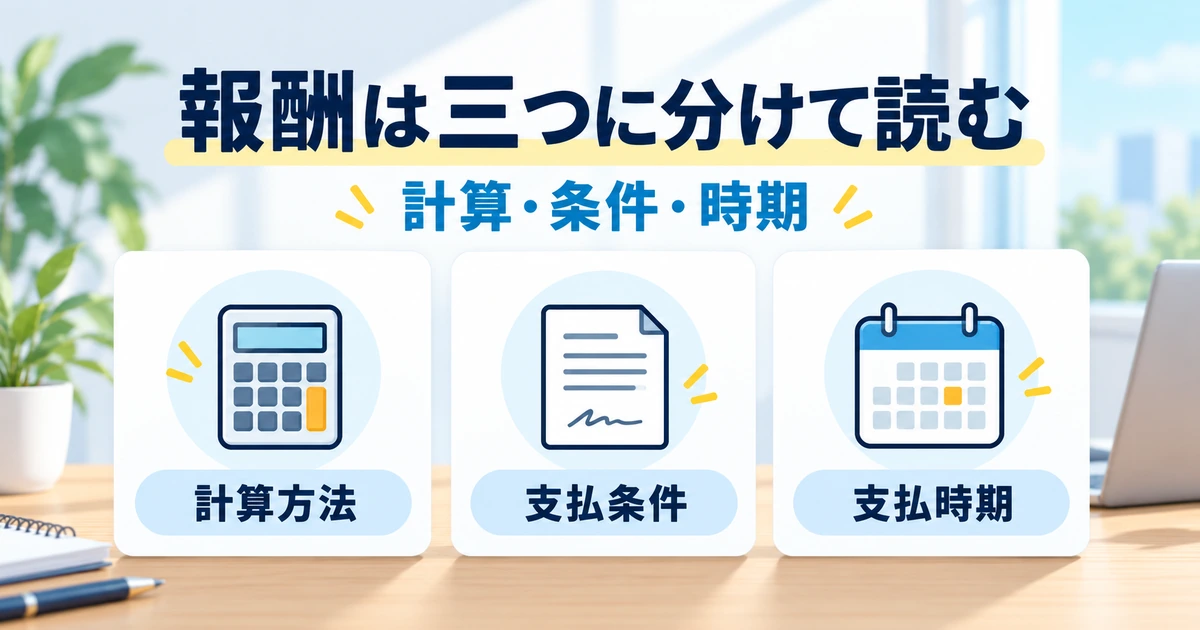 報酬を計算方法、支払条件、支払時期の三つに分けて読む図