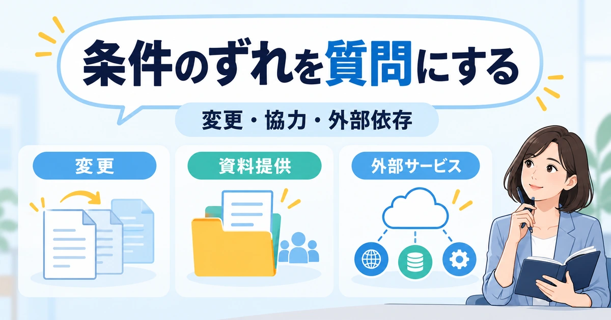 変更、発注者からの資料提供、外部サービスへの依存を契約前の質問にする図