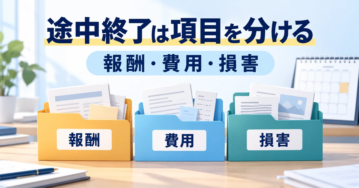 途中終了時に報酬、費用、損害の確認を分ける図