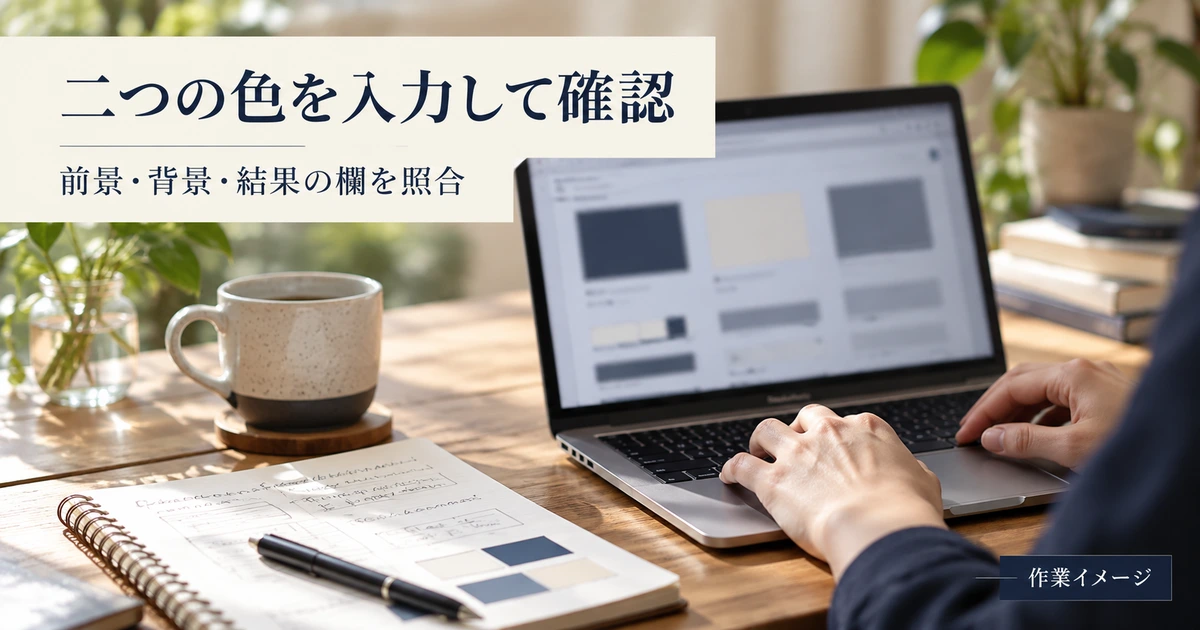 二つの色を入力して確認するために資料を整理する作業イメージ
