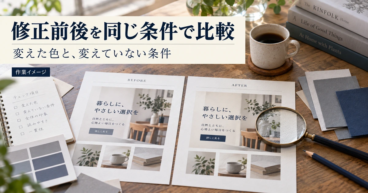 修正前後を同じ条件で比較するために資料を整理する作業イメージ