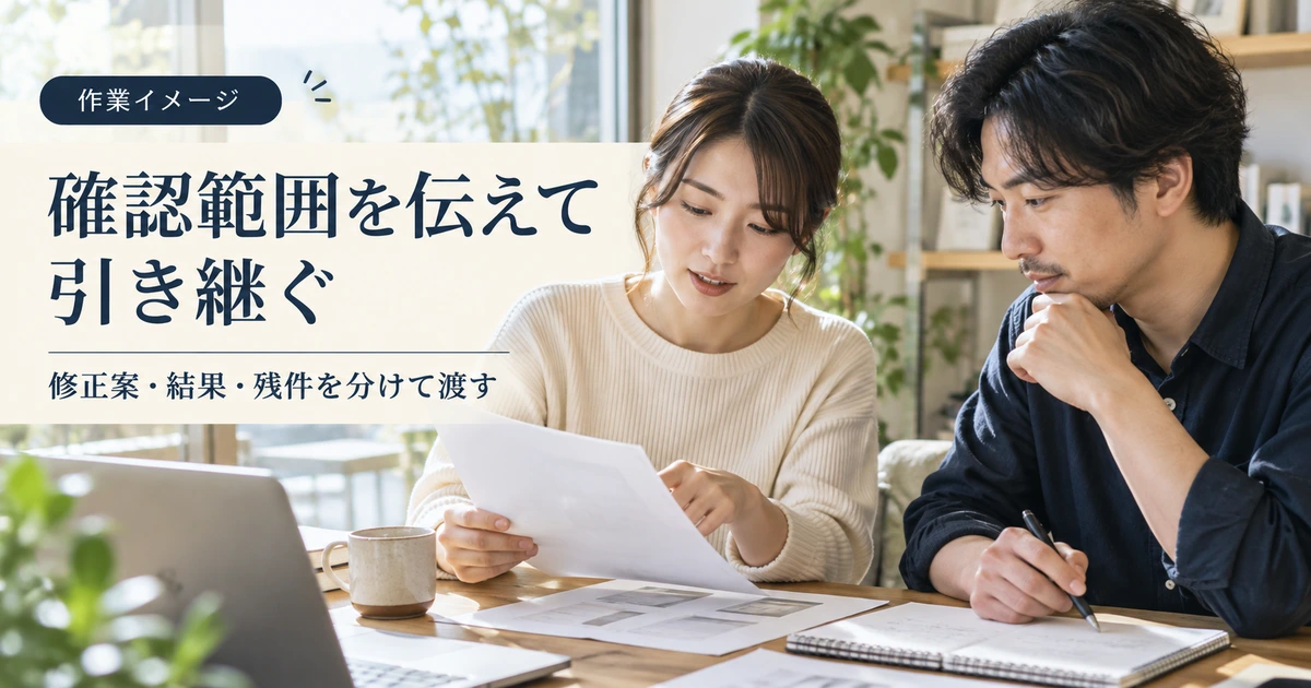 確認範囲を伝えて引き継ぐために資料を整理する作業イメージ