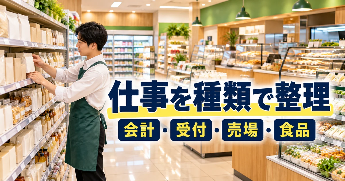 仕事を種類で整理(会計・受付・売場・食品)の説明用生成画像