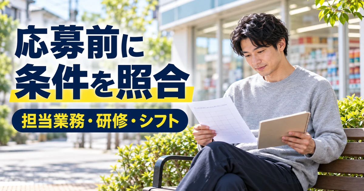 応募前に条件を照合(担当業務・研修・シフト)の説明用生成画像