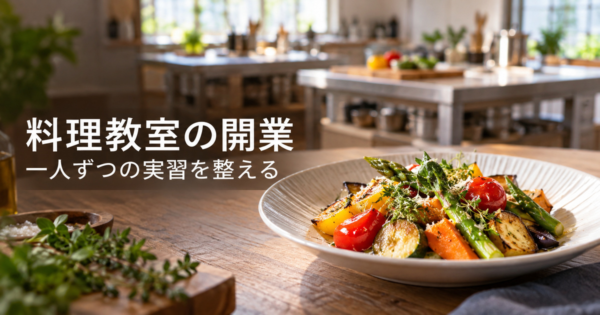 温かい野菜料理と奥の実習台で、料理教室の開業と各人の実習を表した生成イメージ