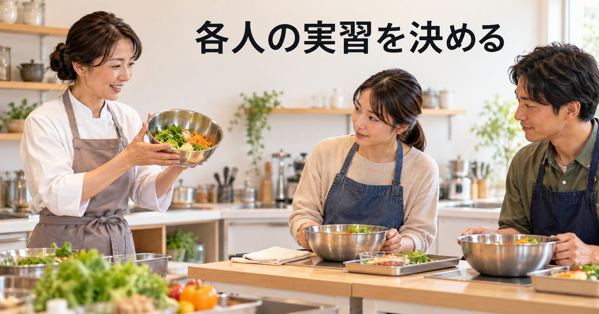 講師の見本と二人の受講者それぞれの作業台を分けた架空の実習イメージ。定員や衛生配置の基準ではありません