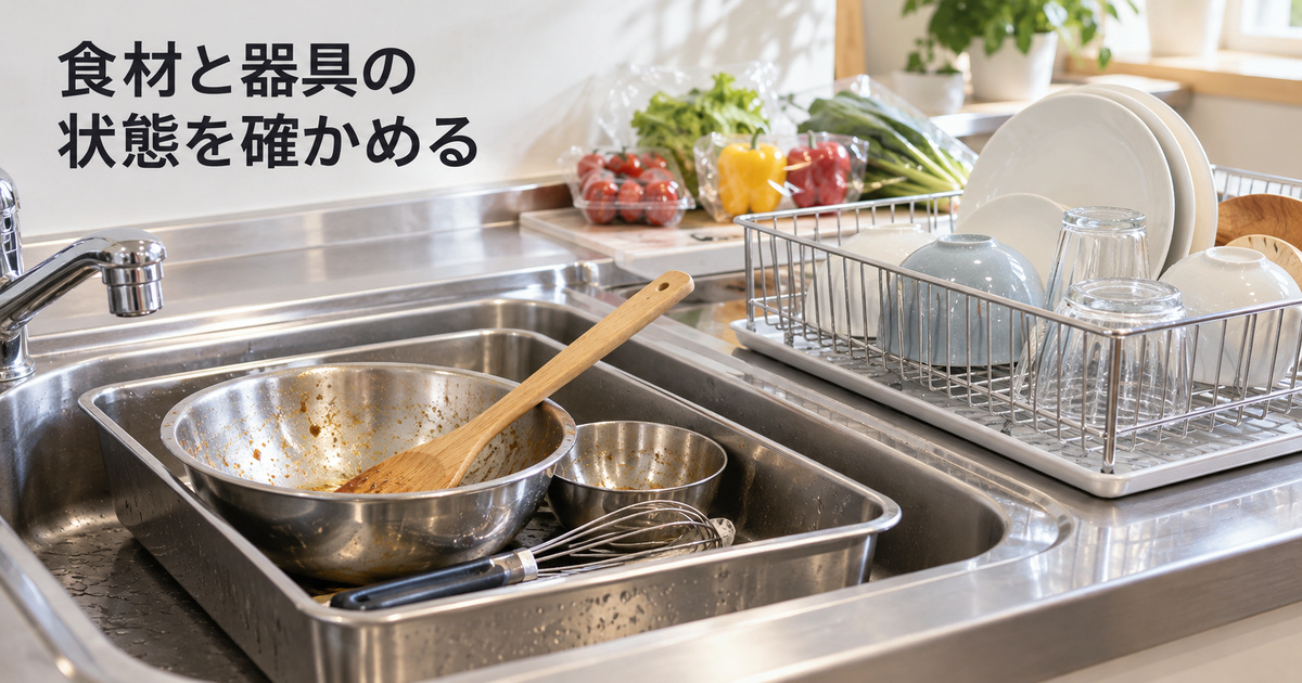 使用後の器具と水切り中の食器、別の台の食材を写した架空イメージ。洗浄消毒手順や施設適合の見本ではありません