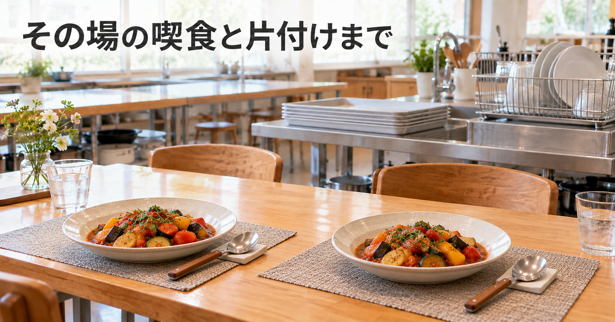 その場で食べる個別の料理と、奥の片付け場所をつないだ生成イメージ。食品管理や衛生手順を保証する図ではありません