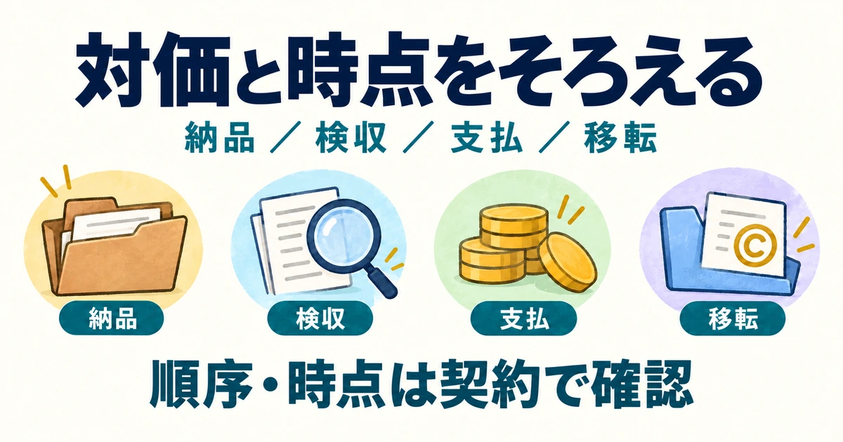 納品、検収、支払、権利移転の時点を契約と照らして確認する図