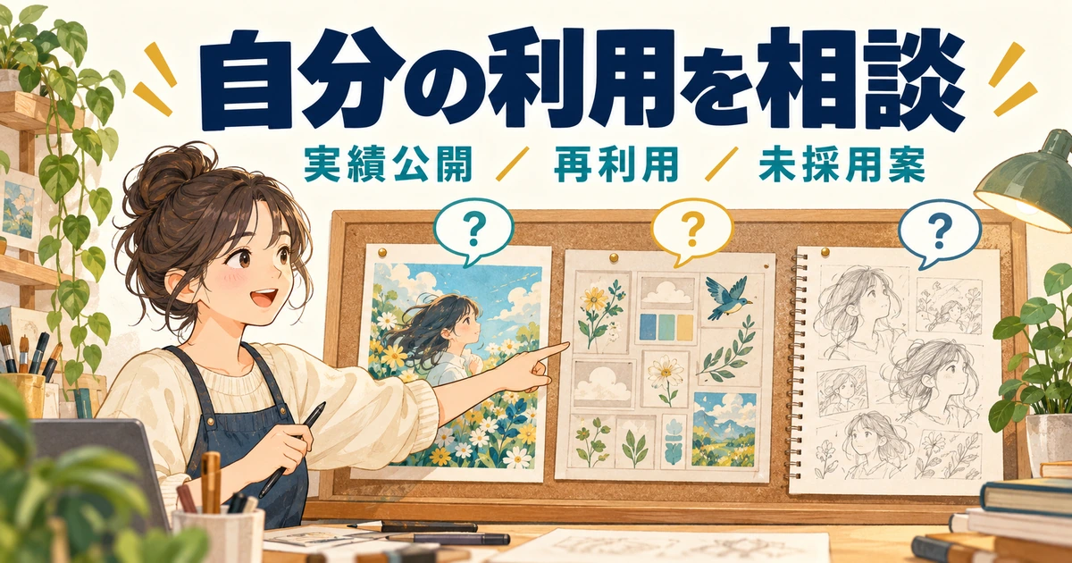 実績公開、共通部品の再利用、未採用案の扱いをそれぞれ質問する図