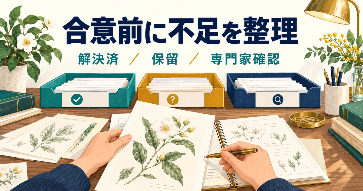 架空の挿絵案件の不足を、解決済、保留、専門家確認に分ける図