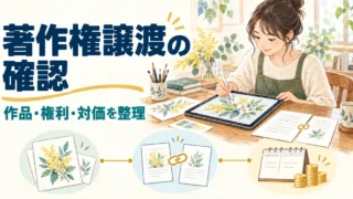 著作権譲渡について作品、権利、対価を整理する制作者のイメージ