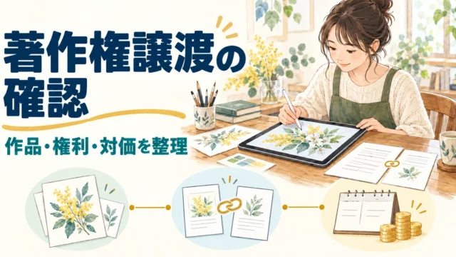 著作権譲渡について作品、権利、対価を整理する制作者のイメージ