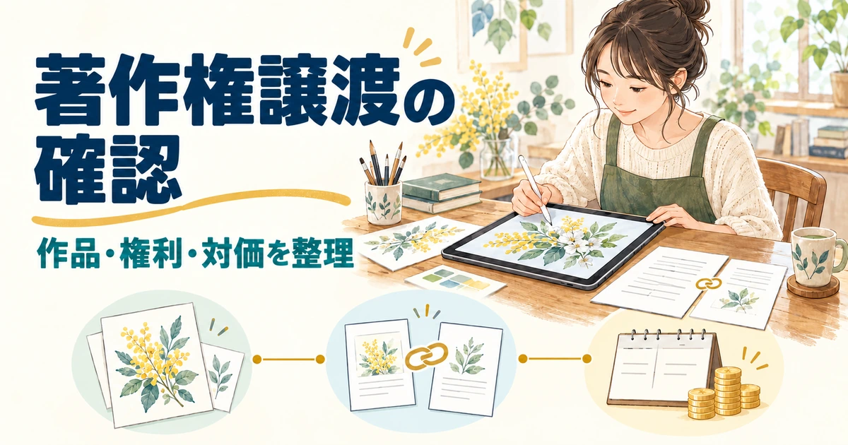 著作権譲渡について作品、権利、対価を整理する制作者のイメージ