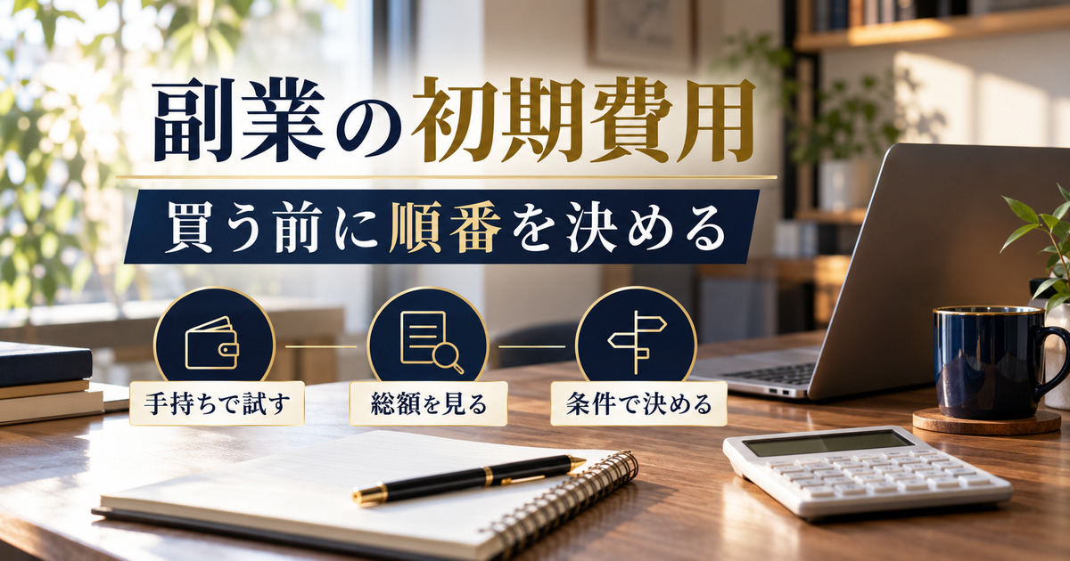 副業の初期費用。買う前に順番を決める。手持ちで試す、総額を見る、条件で決めるの判断ポイント。