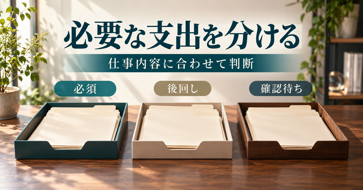 必要な支出を分ける。仕事内容に合わせて判断。必須、後回し、確認待ちの三分類。