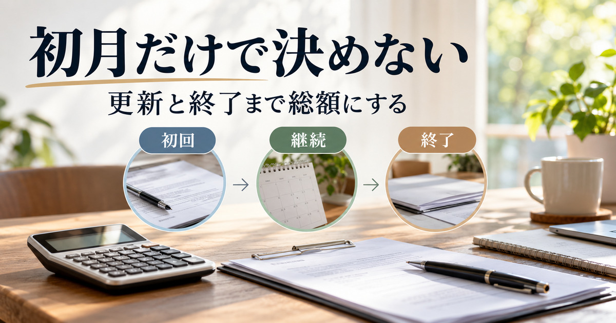 初月だけで決めない。更新と終了まで総額にする。初回、継続、終了の判断ポイント。
