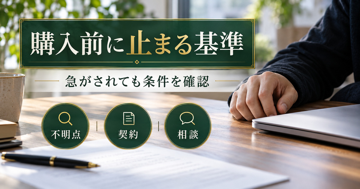 購入前に止まる基準。急がされても条件を確認。不明点、契約、相談の判断ポイント。