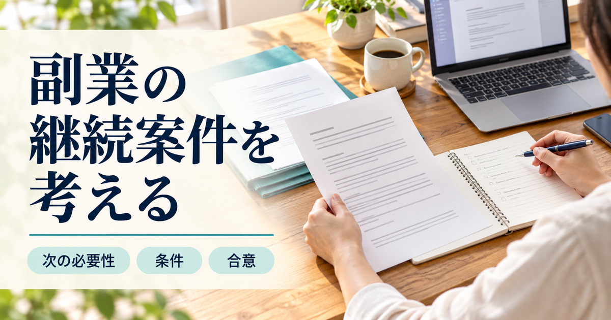 「副業の継続案件を考える」の見出しと、パソコンや原稿を置いた机で紙を確認しながらノートに条件を整理する手元