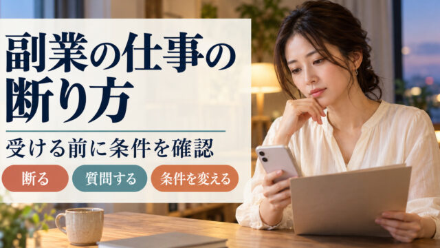 副業の依頼を受ける前に条件を確認し、断る・質問する・条件を変えるを考える架空人物の写真調イメージ