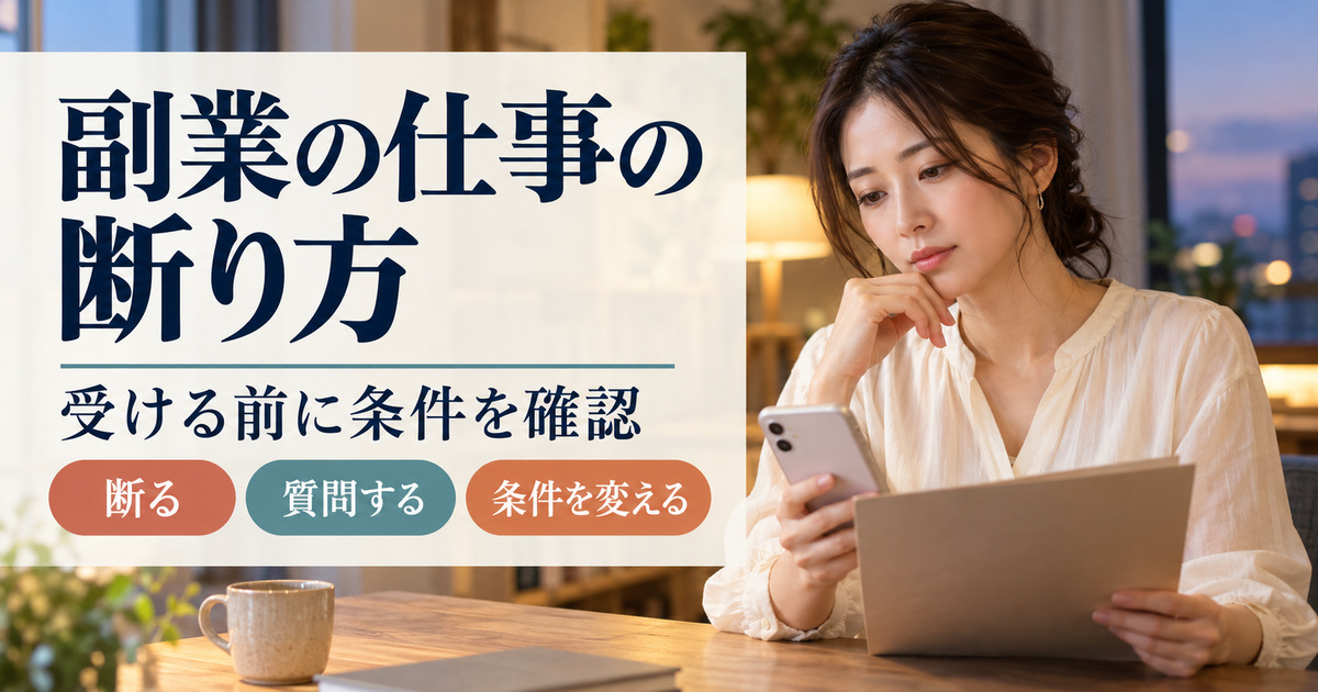 副業の依頼を受ける前に条件を確認し、断る・質問する・条件を変えるを考える架空人物の写真調イメージ