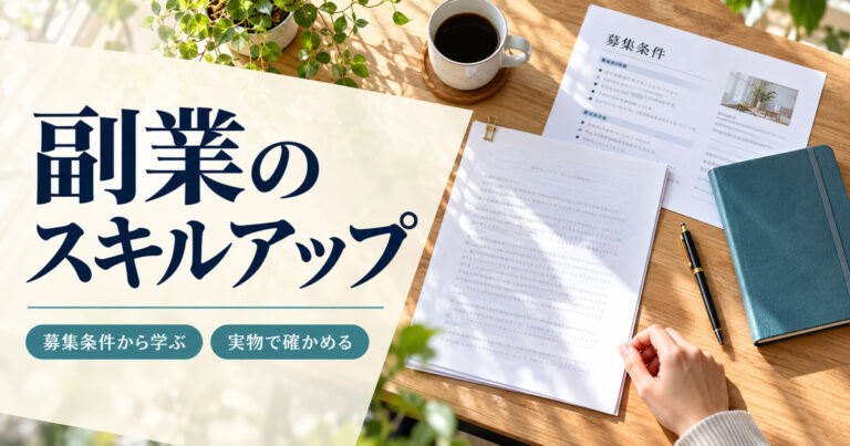 「副業のスキルアップ」の見出しと、募集条件の紙、原稿、青緑のノートを並べた机で紙を確認する手元