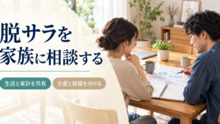 「脱サラを家族に相談する」の見出しと、二人が食卓の資料とノートを一緒に確認する場面