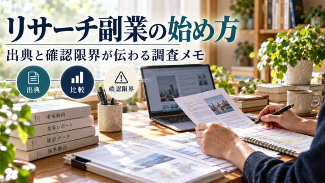 資料とパソコンを確認する手元に、リサーチ副業の始め方と出典・比較・確認限界の見出しを重ねた写真調イメージ