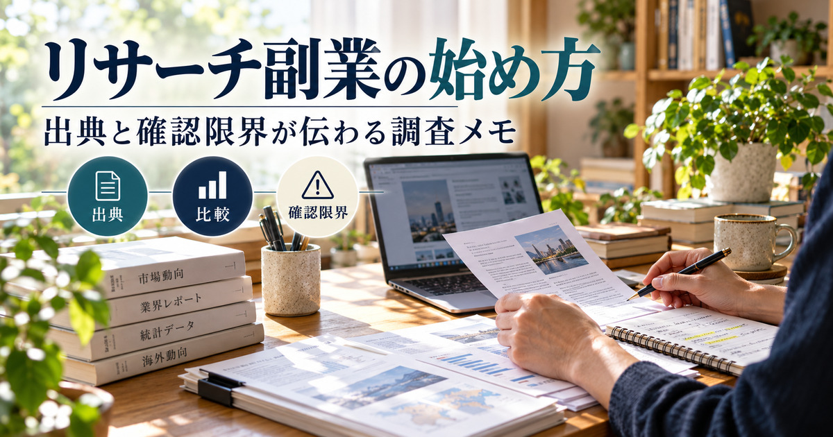 資料とパソコンを確認する手元に、リサーチ副業の始め方と出典・比較・確認限界の見出しを重ねた写真調イメージ