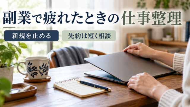 「副業で疲れたときの仕事整理」の見出しと、休むためノートパソコンを閉じる写真調イメージ