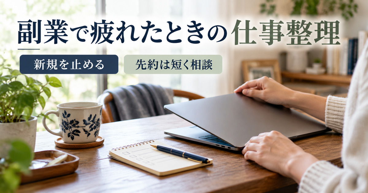 「副業で疲れたときの仕事整理」の見出しと、休むためノートパソコンを閉じる写真調イメージ
