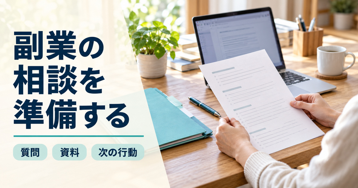 「副業の相談を準備する」の見出しと、パソコンや資料フォルダーを置いた自宅の机で一枚の相談メモを見直す手元
