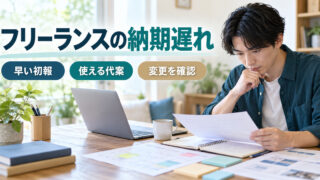 「フリーランスの納期遅れ」の見出しと、仕事机で資料と予定を整理する架空人物の写真調イメージ