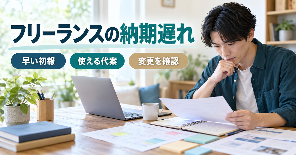 「フリーランスの納期遅れ」の見出しと、仕事机で資料と予定を整理する架空人物の写真調イメージ