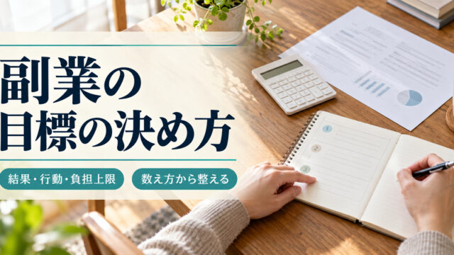 「副業の目標の決め方」の見出しと、電卓や資料を置いた机で三つに分けたノートの欄を確認する手元