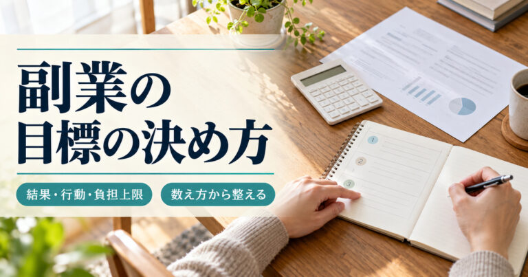 「副業の目標の決め方」の見出しと、電卓や資料を置いた机で三つに分けたノートの欄を確認する手元