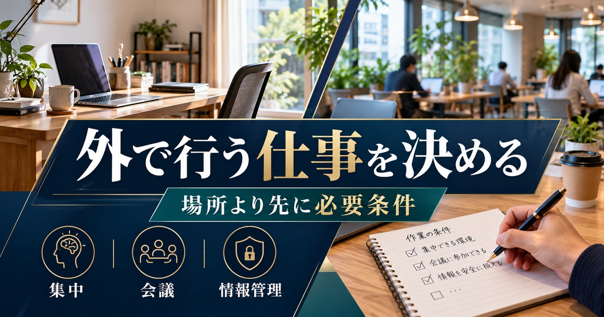 外で行う仕事を集中・会議・情報管理に分けて必要条件を決める。