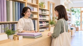 生地や毛糸を扱う店で、店主が成人客の材料選びを案内する様子