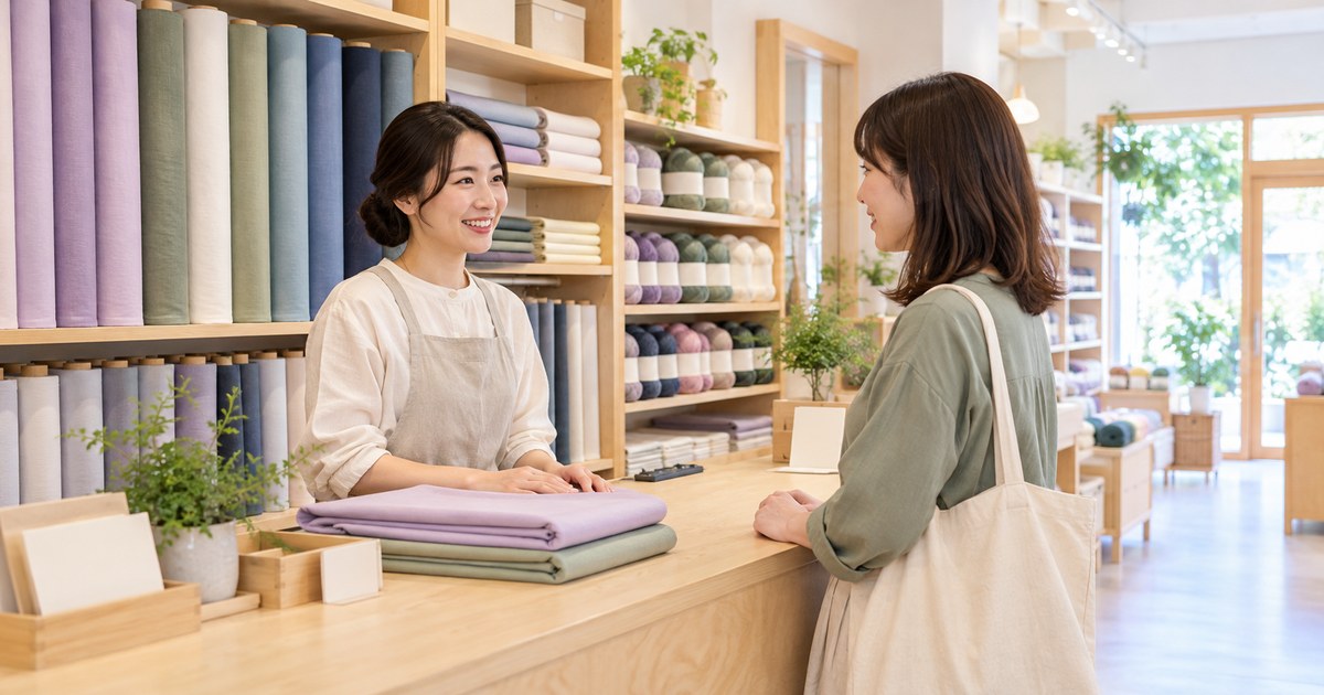 生地や毛糸を扱う店で、店主が成人客の材料選びを案内する様子