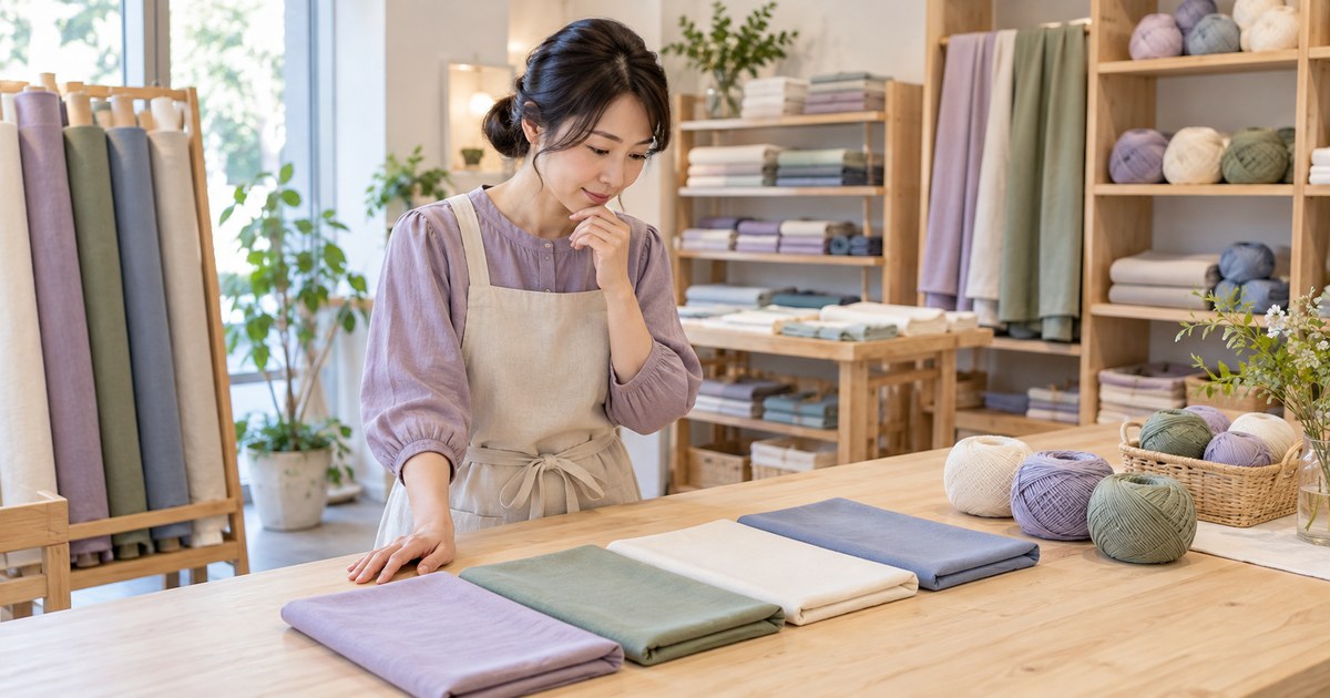 店主が扱う生地と毛糸の組み合わせを考える様子