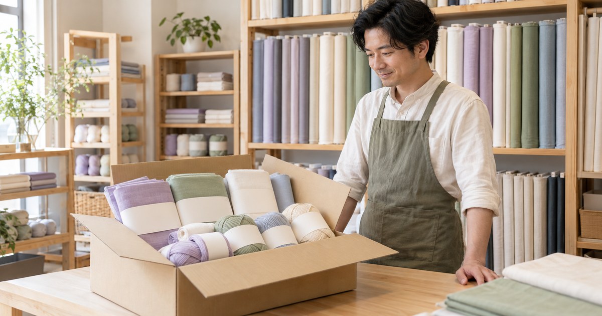 入荷した手芸材料の品ぞろえを店主が確認する様子