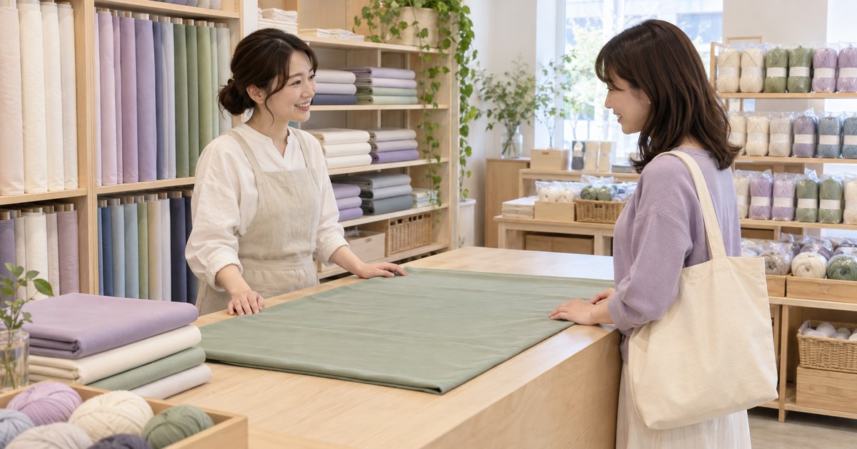 カット前に生地の希望を店主と成人客が確認する様子
