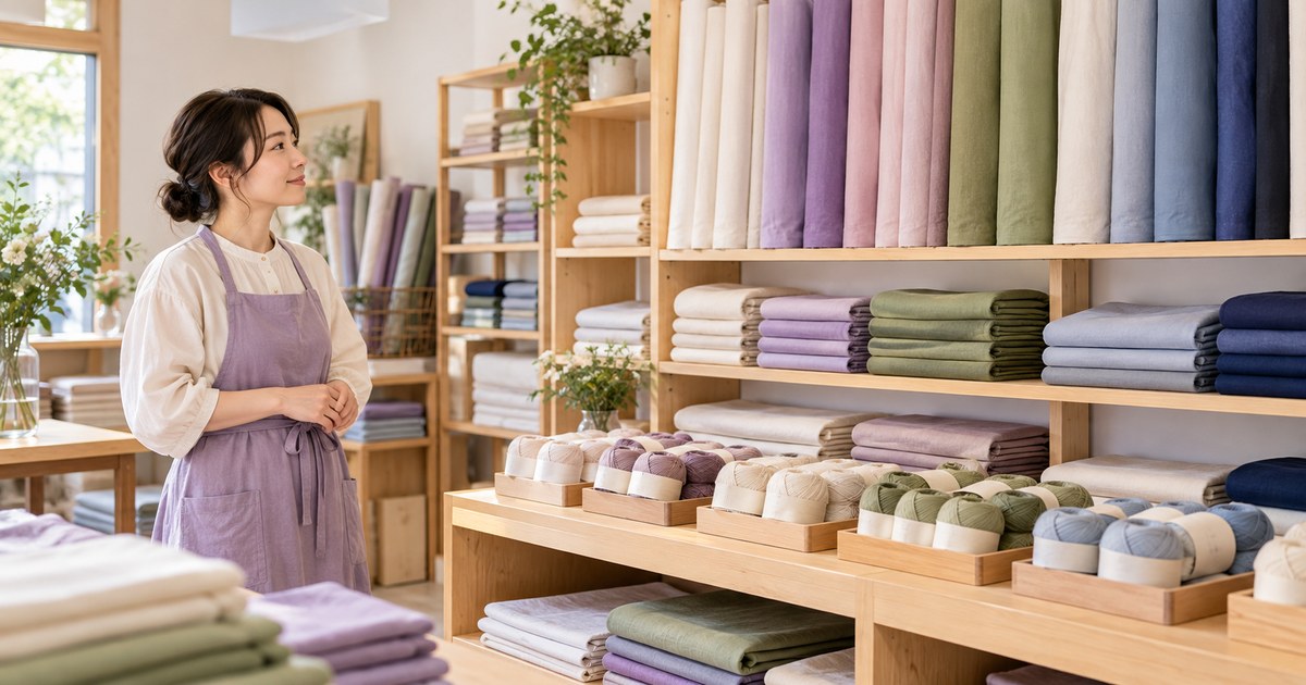 別々の生地と毛糸を整理して所在を確認する店主