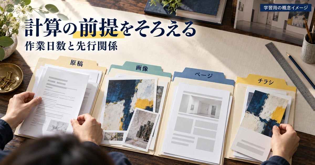 原稿・画像・ページ・チラシの資料を整理し、作業日数と先行関係の前提をそろえる学習用の概念画像。