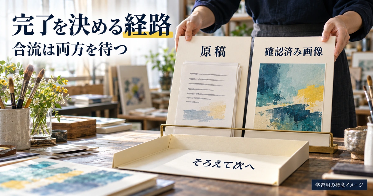 原稿と確認済み画像の両方をそろえてから次へ進む、合流条件を表した学習用の概念画像。