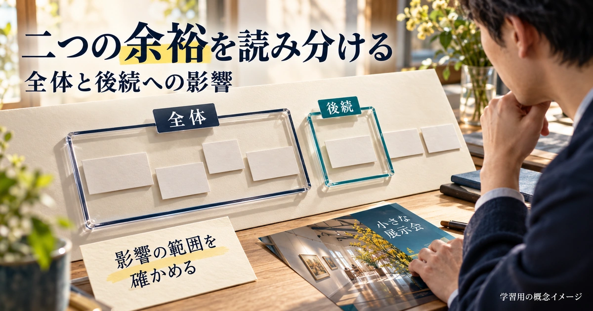 全体と後続という二つの枠を見比べ、余裕を使ったときの影響範囲を確かめる学習用の概念画像。