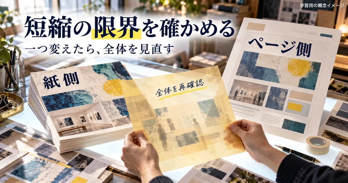 紙側とページ側の資料を並べ、一つの条件を変えた後に全体を見直す短縮案比較の概念画像。
