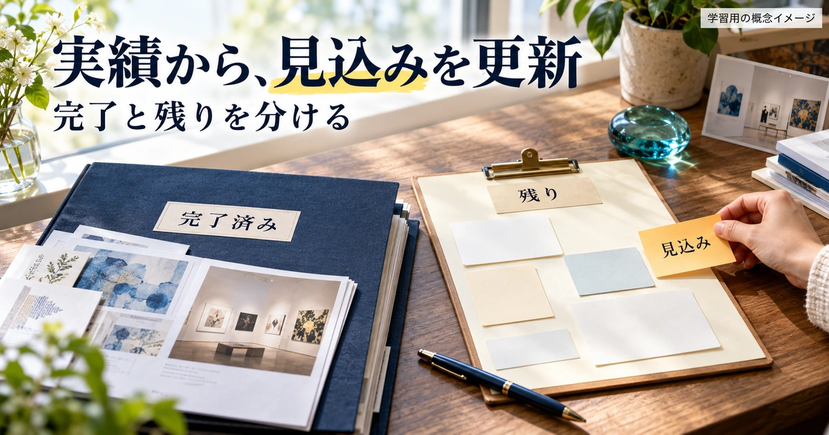 完了済みの資料と残りの作業を分け、残りの条件から見込みを更新する学習用の概念画像。
