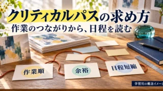 展示告知の紙資料と工程カードをつなぎ、作業順・余裕・日程短縮を学ぶクリティカルパスの概念画像。